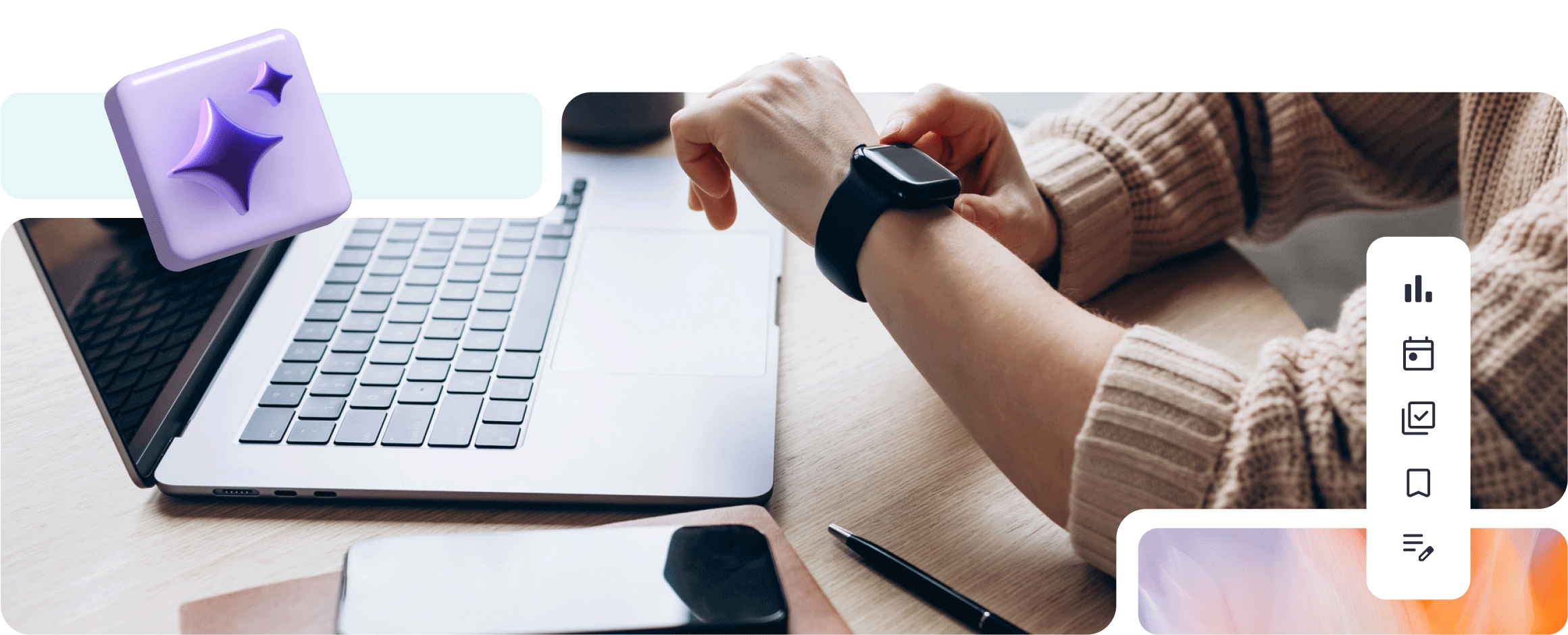 Male employee checking his watch while sitting in front of his laptop computer