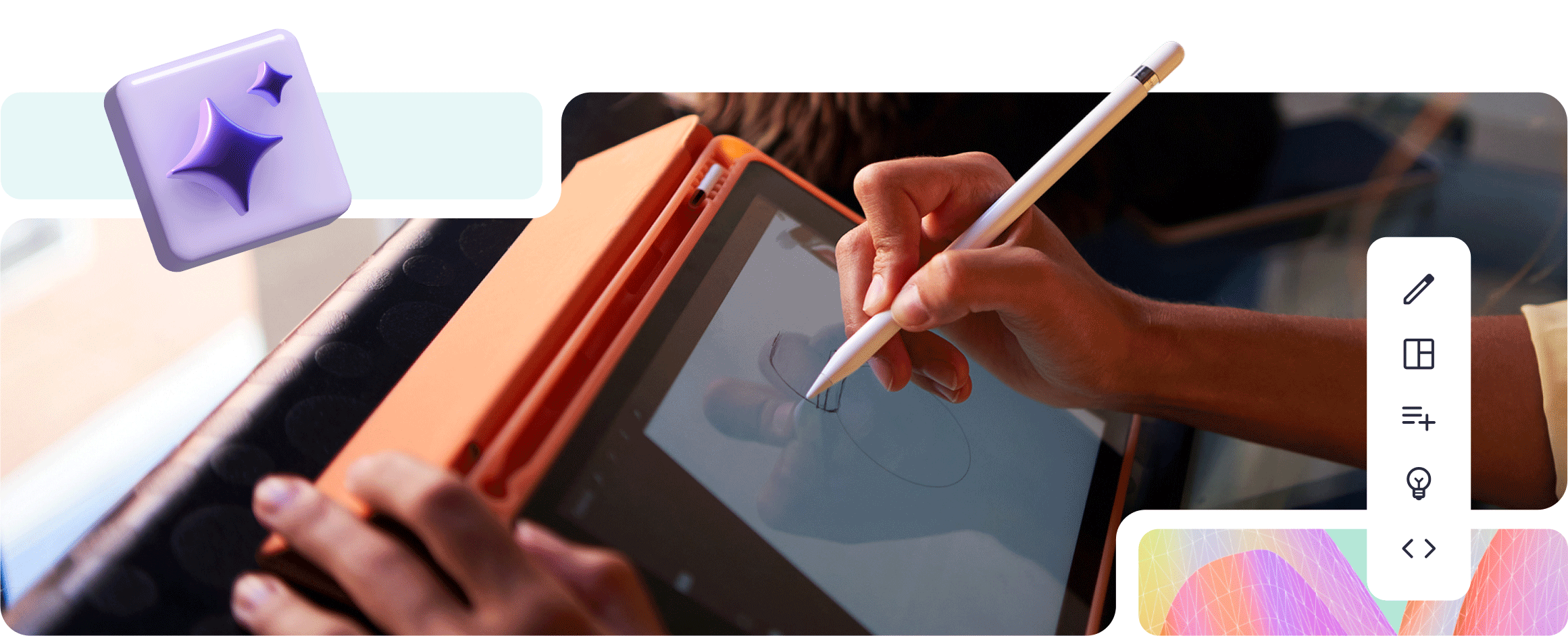 Close up photo of a digital artist's hands holding an apple pencil and drawing on an ipad