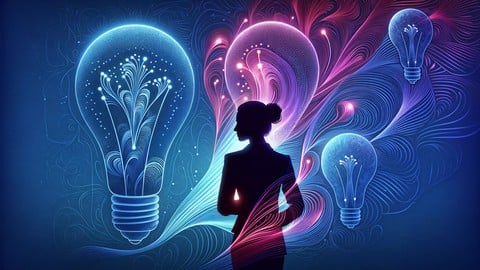 silhouette of a woman standing in the midst of large lightbulbs and flowing graphics